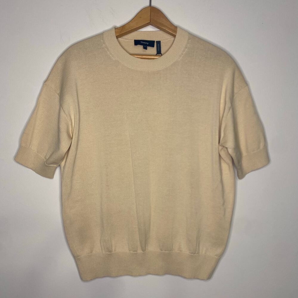 New Theory Short Sleeve Sweater Tee Wood Ash Beige Tan Cotton Size Small Preppy - Picture 2 of 11